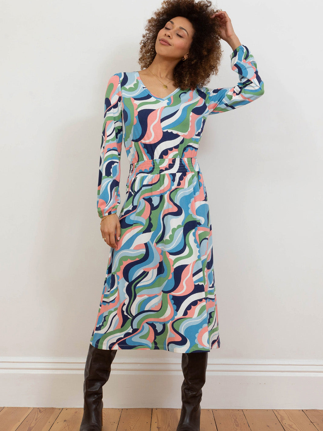 READY TO SHIP - Sizes xs - xl - Organic Cotton 3/4 Sleeve Lined Bust Wrap Dress - Fall VNeck outlet Adjustable Knee Length Midi Paisley Eco Fashion