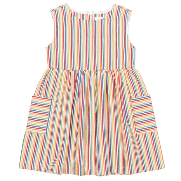 Flat shot of rainbow ticking dress