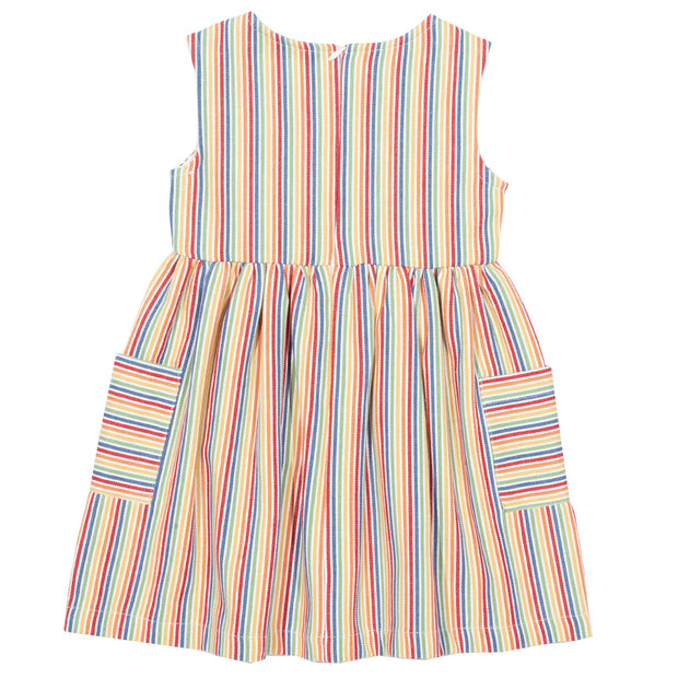 Flat shot of rainbow ticking dress