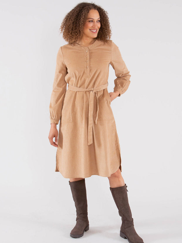 Kite - Womens organic cotton Harewood cord dress brown - Coconut button neck opening