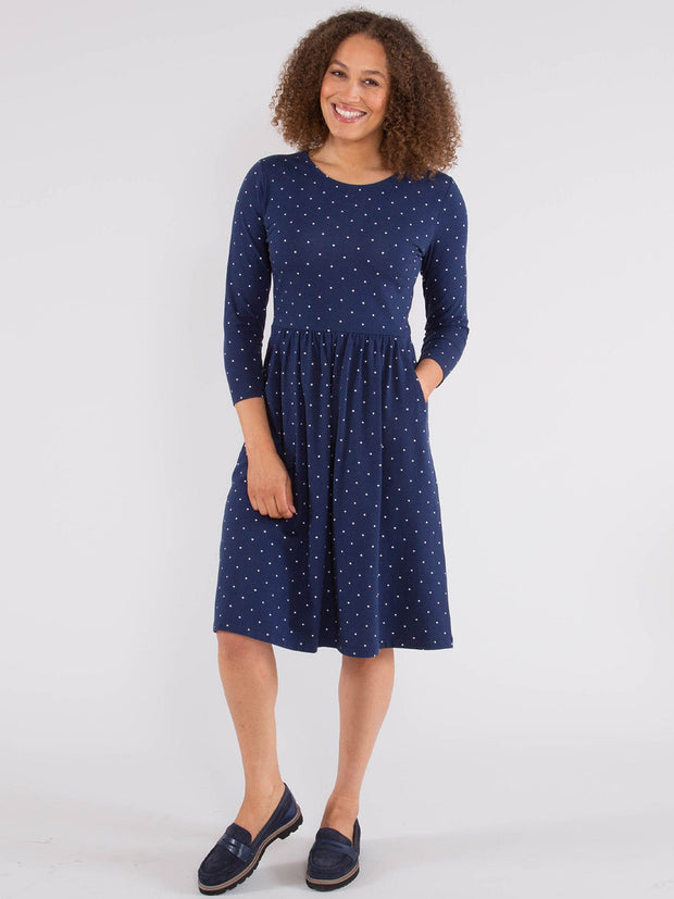 Kite - Womens organic cotton Beechwood jersey dress navy - Waist seam with gathers