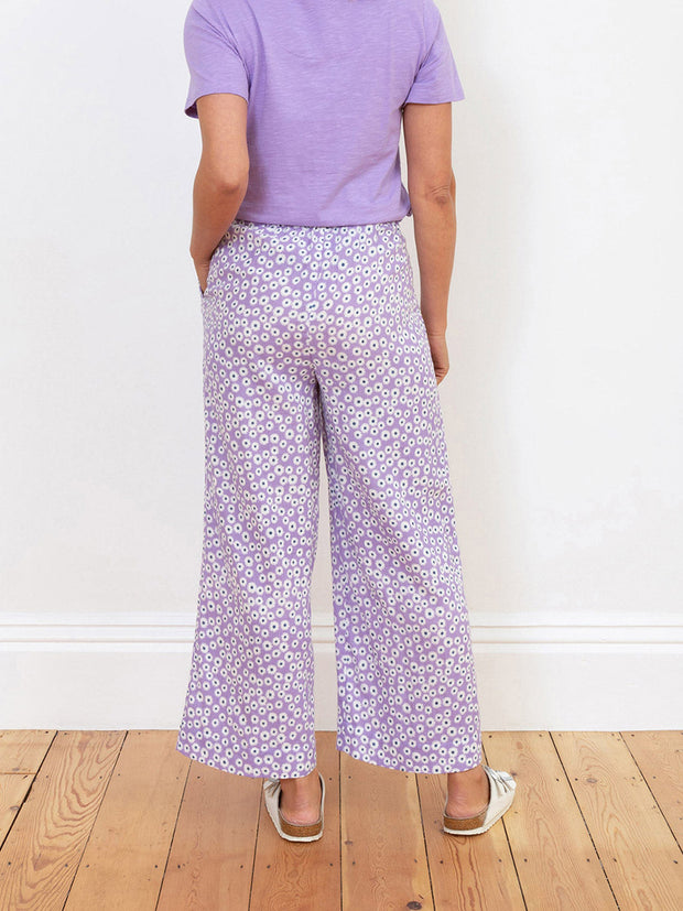 Kite - Womens organic Melbury muslin trousers Daisy Bell purple - All-over print - Elasticated waistband across back