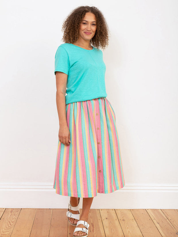 Kite - Womens organic Mudeford button front midi skirt - Yarn dyed stripe - Mid-calf length