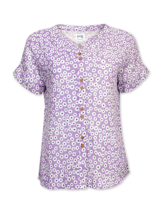 Kite - Womens organic Holwell muslin blouse Daisy Bell purple - Coconut button fastening
