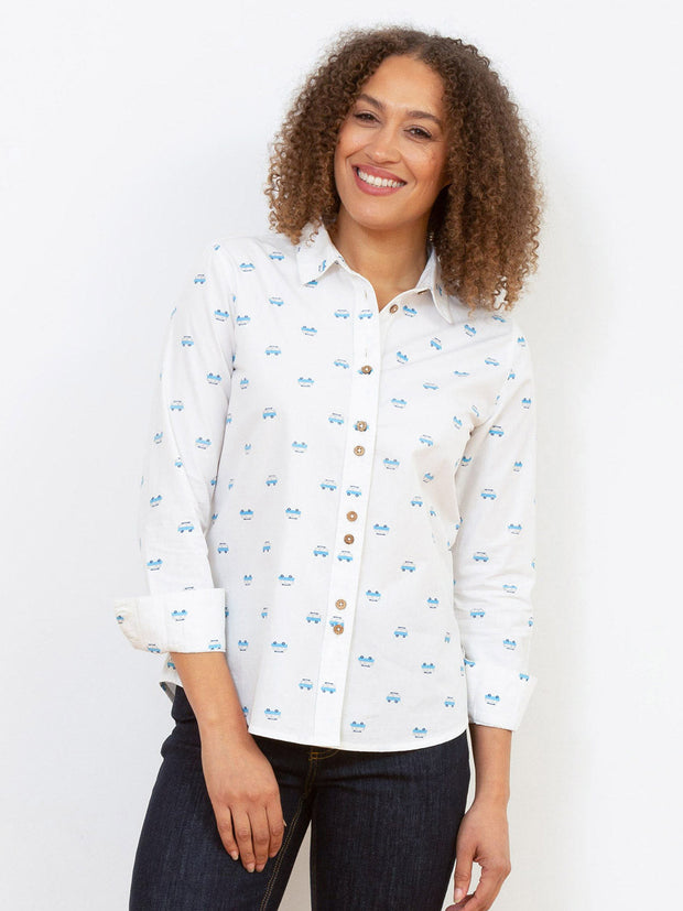 Kite - Womens organic Wimborne poplin shirt cream - Camper van all-over print - Coconut button fastening