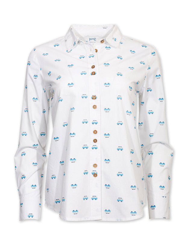 Kite - Womens organic Wimborne poplin shirt cream - Camper van all-over print - Coconut button fastening