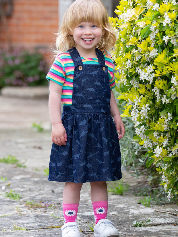 Kite - Girls organic dino denim pinafore navy blue - Light navy etched design - Adjustable straps with coconut buttons