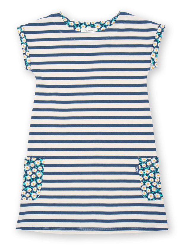 Kite - Girls organic Durdle Door dress - Yarn dyed stripe - Short sleeves with contrast daisy fields turn ups