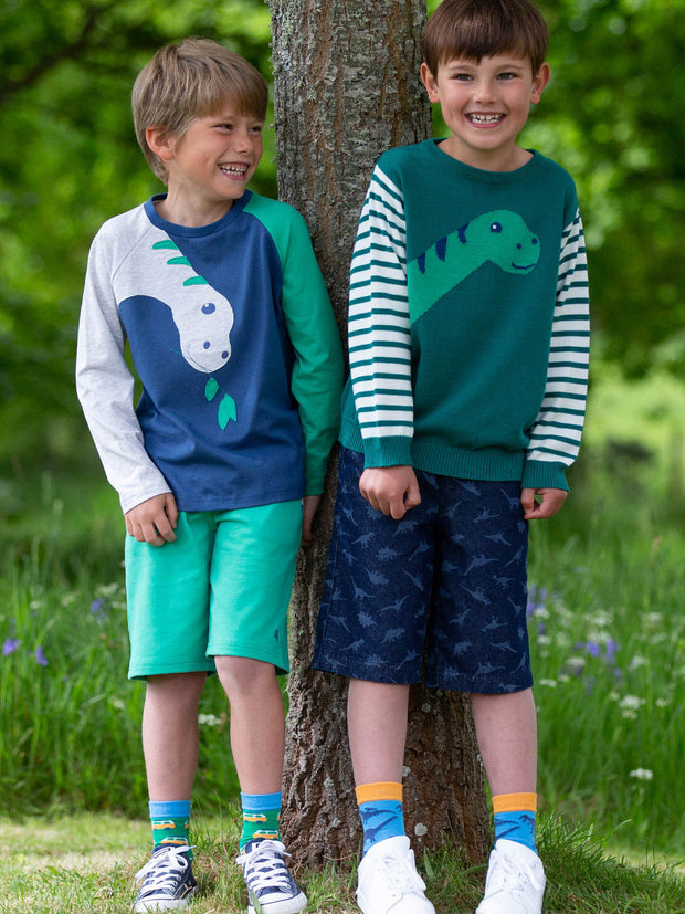 Kite - Boys organic dino denim shorts navy blue - Light navy etched design - Elasticated waistband with adjustable ties