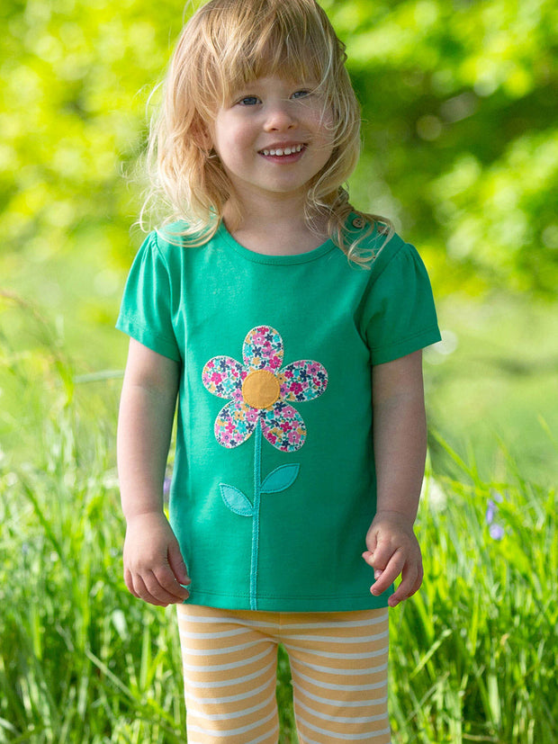 Kite - Girls organic flower t-shirt green - Appliqué design - Short sleeved