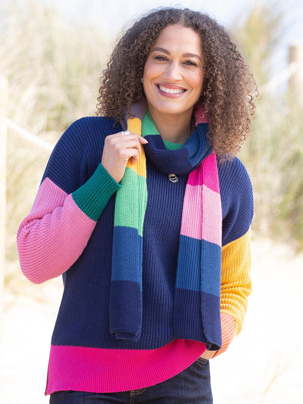 Kite - Womens organic cotton Cliff knit scarf - Rainbow stripe design - Chunky knitwear