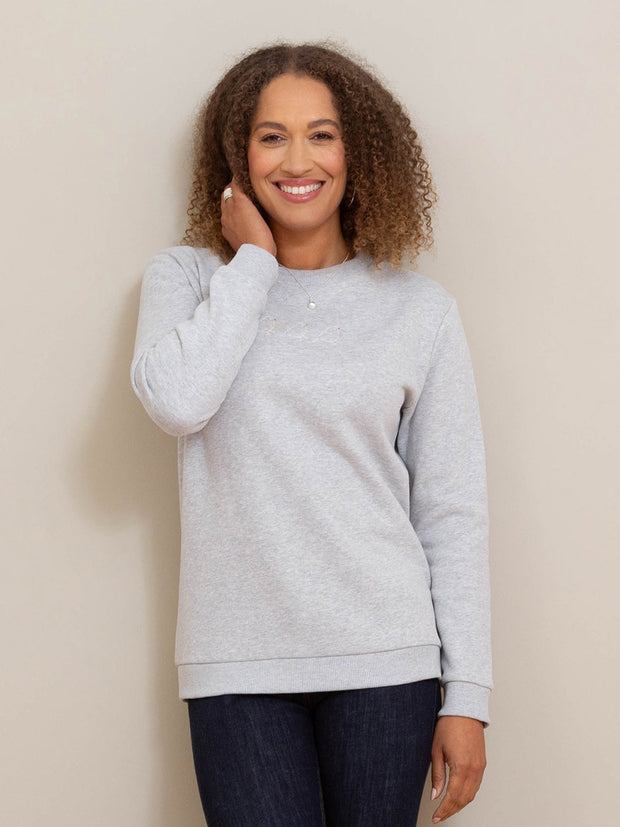 Kite - Womens organic cotton Whitecliff sweatshirt grey marl - Bird embroidery on chest - Round neck