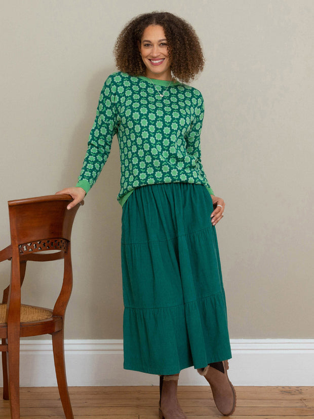 Kite - Womens organic cotton Chickerell tiered cord skirt green - Mid-calf length