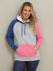 Kite - Womens organic cotton South Beach hooded sweatshirt - Grey marl with navy blue and pink colourblock panels - Adjustable ties at neck
