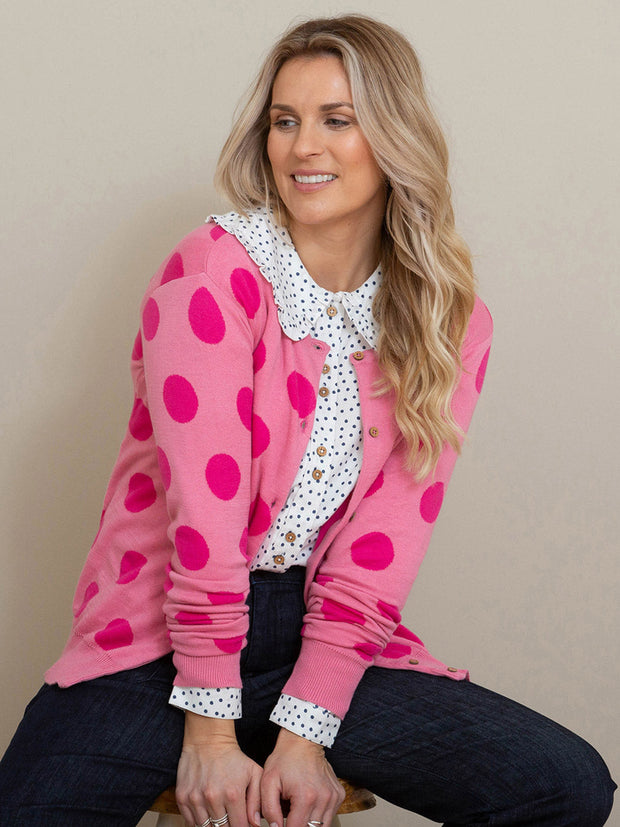 Kite - Womens organic cotton Moreton knit cardigan - Large pink dot knit design - Midweight knitwear