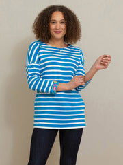 Kite - Womens organic cotton Durdle Door jersey tunic blue - Yarn dyed stripe - Dropped shoulders with 3/4 length sleeves