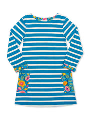 Kite - Girls organic cotton durdle door dress blue - Yarn dyed stripe - Long sleeved