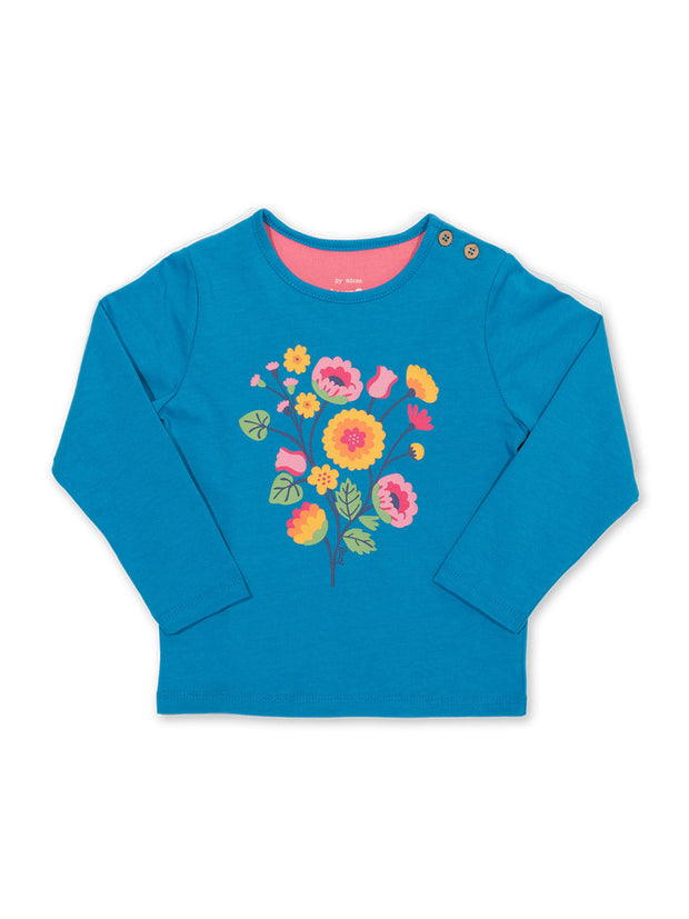 Kite - Girls organic cotton folk floral t-shirt blue - Placement print - Long sleeved