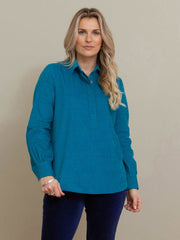 Kite - Womens organic cotton Winkton cord tunic blue - Coconut button neck opening