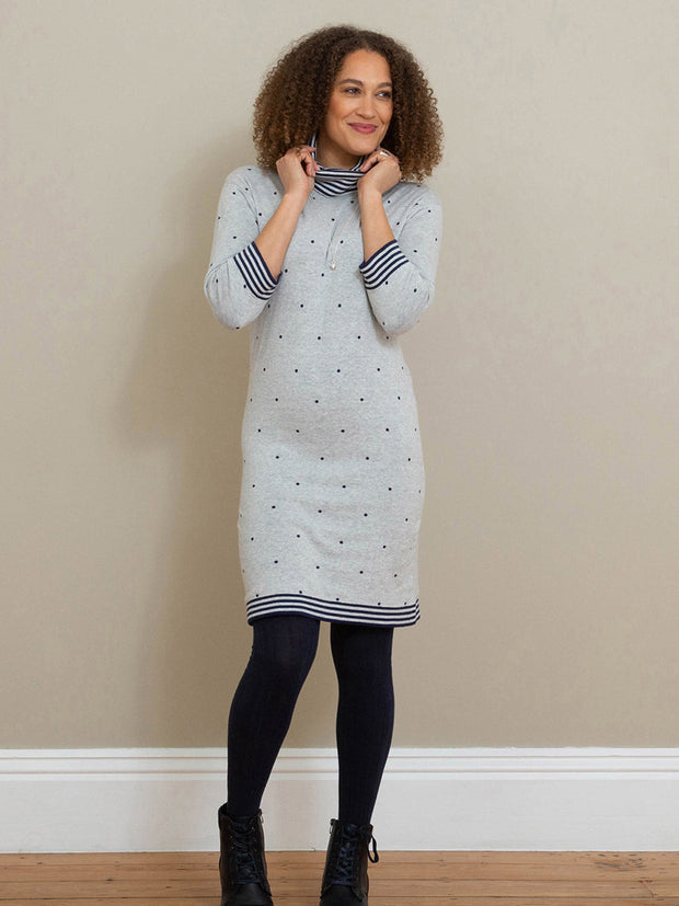 Kite - Womens organic cotton Winterbourne knit dress grey - Grey marl with navy blue dot design - Knee length