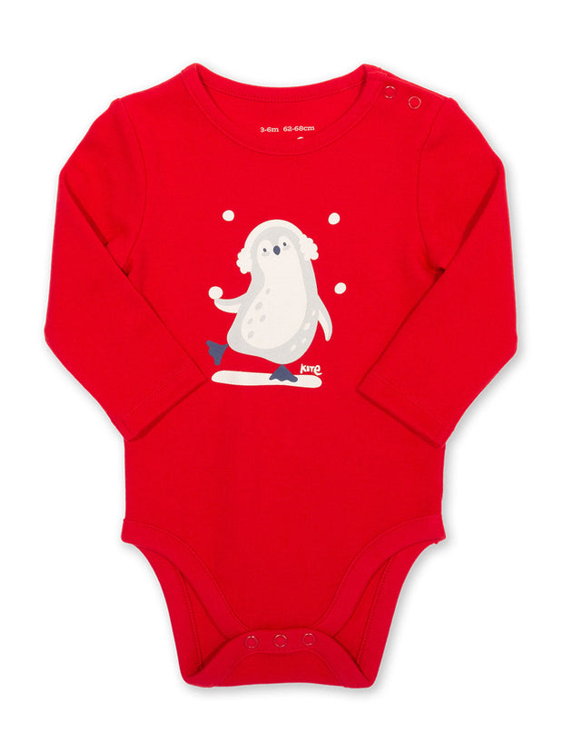 Kite - Baby organic cotton penguin play bodysuit red - Placement print - Popper openings