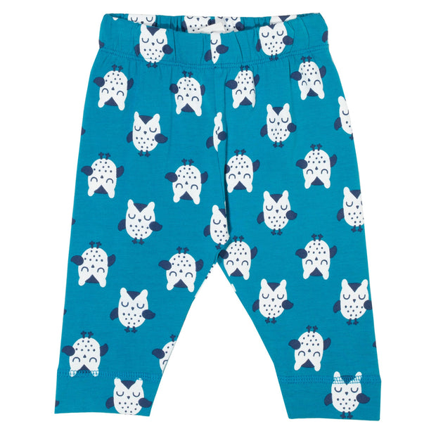 Baby in owl leggings blue