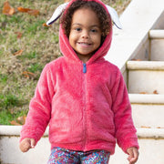 Girl in happy hare fleece pink