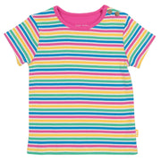 Girl in mini bright stripe t-shirt